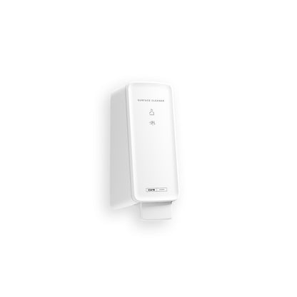 A white, rectangular, wall-mounted CWS PureLine Surface Cleaner | Pack (1 piece) dispenser from CWS with a push lever and simple front labeling offers hygienic surfaces against a plain white background.