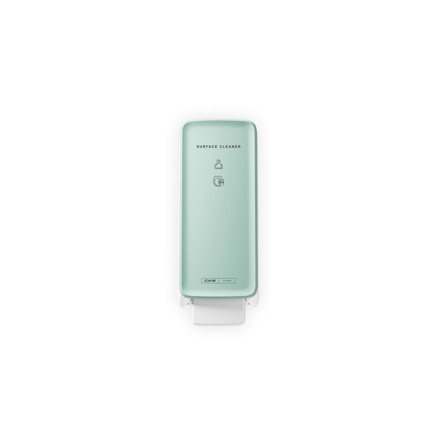 The CWS PureLine front panel for the surface cleaner toilet by CWS is a light green, wall-mounted dispenser with modern design, a push lever at the bottom, and simple black lettering/symbols that stand out against a plain white background.