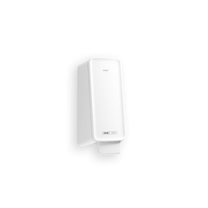 A white, wall-mounted CWS PureLine Cream soap dispenser with a rectangular shape, "SOAP" label on top, and a push lever at the bottom. Perfect for dispensing CWS PureLine Cream cream soap. Monochrome white background.