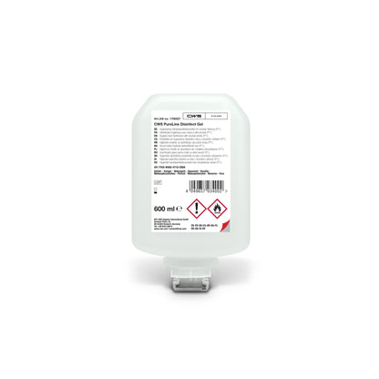 The CWS PureLine Desinfect Gel 600 ml is a transparent container with a white dispenser cap and a label with product information, barcode, and hazard symbols. This hand disinfectant gel by the brand CWS is effective against germs and bacteria.