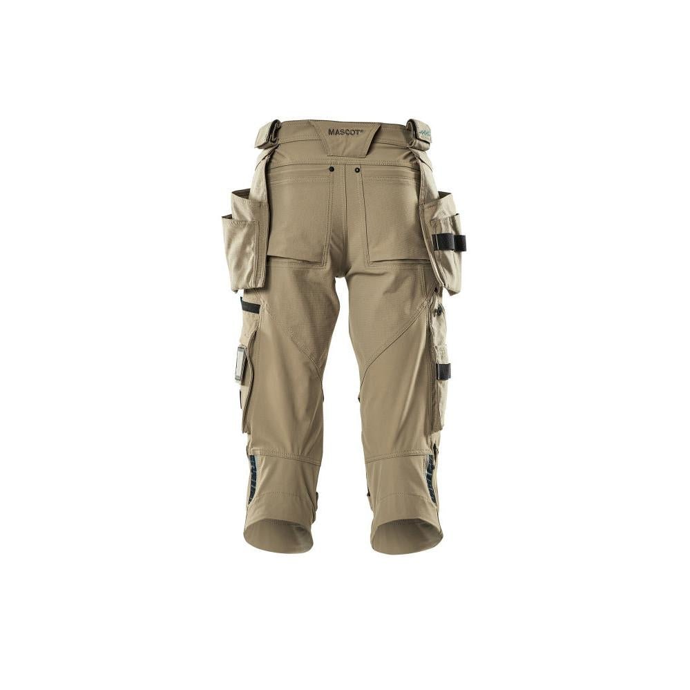 Three-quarter length trousers, hanging pockets, stretch three-quarter length trousers, light khaki
