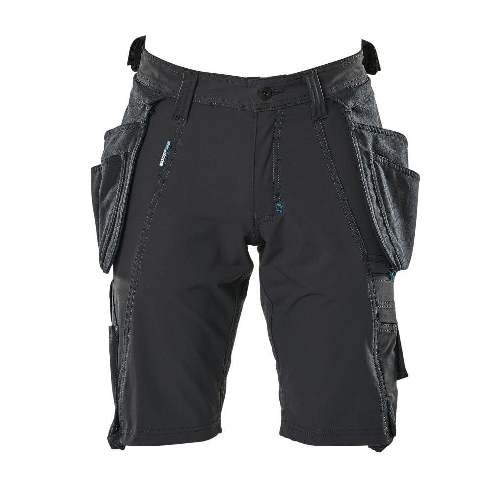 Shorts, removable hanging pockets, stretch craftsman shorts, black-blue