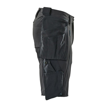 Shorts, removable hanging pockets, stretch craftsman shorts, black-blue