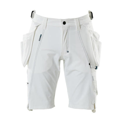 Shorts, removable hanging pockets, stretch craftsman shorts, white
