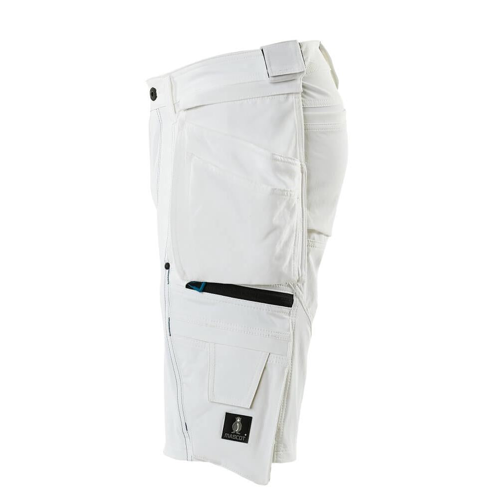Shorts, removable hanging pockets, stretch craftsman shorts, white