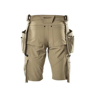 Shorts, removable hanging pockets, stretch craftsman shorts, light khaki