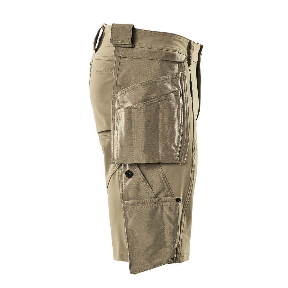 Shorts, removable hanging pockets, stretch craftsman shorts, light khaki