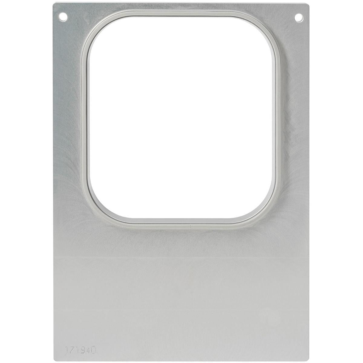 Die Kassette DF10/20 der Duni GmbH ist ein quadratischer Metallrahmen mit abgerundeten Kanten, befestigt an einer glatten rechteckigen Platte mit zwei Löchern - ideal für die Lebensmittellagerung und kompatibel mit PP 1/6 GN Schalen 1000, 1600 ml.