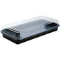 A Duni GmbH lunchbox black / transparent PS 270x135x54 (pack of 160 pieces), made of black plastic with a clear lid, is seen empty on a white background. The PS lid fits securely on the container.