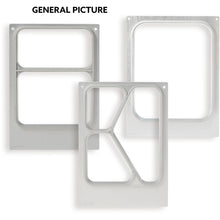 Three rectangular metal frames with cutouts and unique interior design, inspired by the versatility of the cassette DF15/25 2-comp for PP-shell Take Away 500/400 ml (2-use) by Duni GmbH, are arranged side by side on a white background. Text: "GENERAL IMAGE."