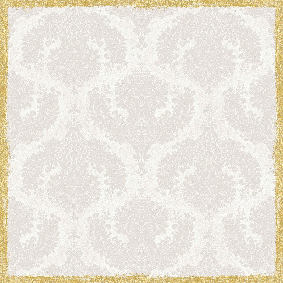 A light gray damask background with ornate floral shapes is enclosed by a textured gold frame, reminiscent of the Dunicel table cover 84x84 cm, Royal White | Pack (20 pieces) by Duni GmbH.
