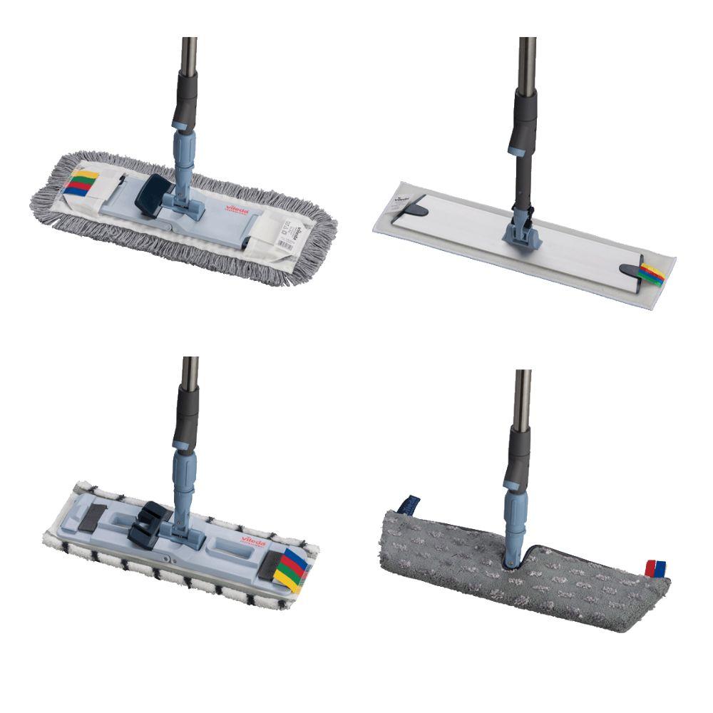 Cuimsíonn Sealbhóir Mop Cruach Dhosmálta Vileda Professional SprayPro na Vileda GmbH ceithre chineál mop cothrom le ceapanna glantacháin uathúla agus láimhseálacha fada. Tá imeall fransach ar dhá mhop den chóras glantacháin urláir, tá cinn eile réidh; tá ceann mopp inbhainte acu go léir le haghaidh glanadh ildánach.