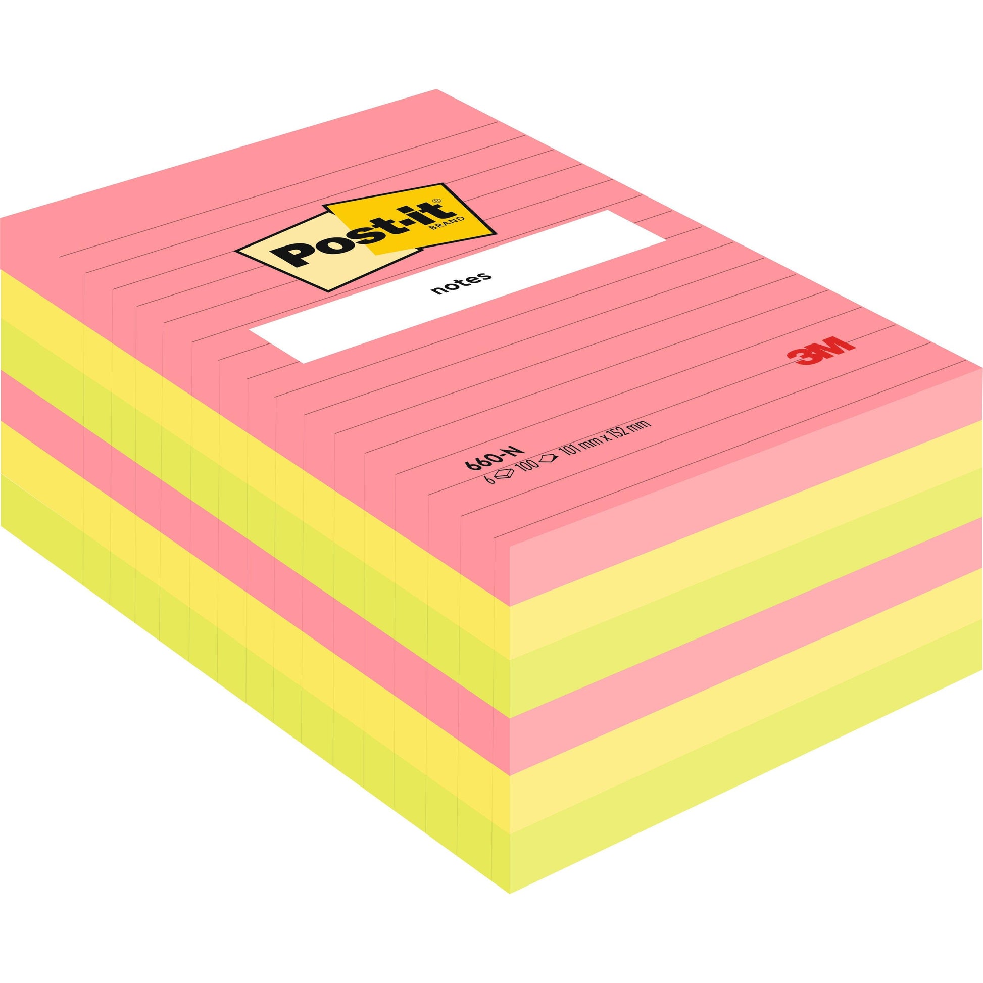 Eine Packung 3M Post-it® Notes im Großformat, liniert, in verschiedenen Neonfarben (101 mm x 152 mm), 100% PEFC-zertifiziert, 100 Blatt pro Block, 6 Blöcke pro Packung.