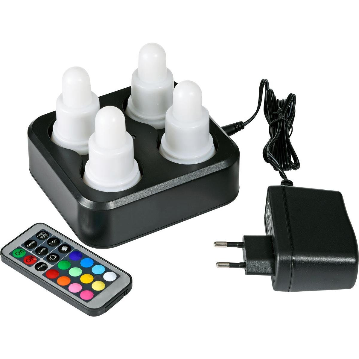 The Duni GmbH discontinued item LED multicolor set of 4 comes with a black charging station for four white multicolor LED pens (70 x 40 mm, 12h), a remote control with colored buttons, and a two-point adapter - perfect for garden lighting.