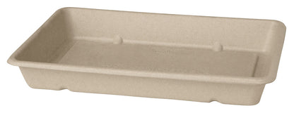 Tá an bosca Bagasse Braun ó Duni GmbH ina tráidire dronuilleogach, dath béasaigh, in-chomhbhrúite le himill beagán ardaithe agus trí easna bheaga ar gach taobh fada. Tá sé déanta as snáithín foirme, tá bun cothrom aige agus feidhmíonn sé mar phacáistiú neamhdhíobhálach don chomhshaol.