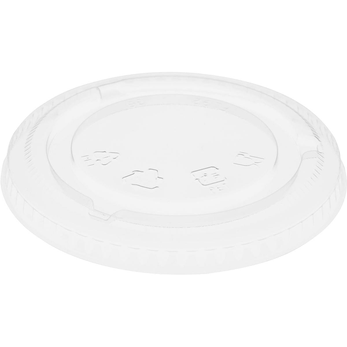 A transparent flat lid closed for 188001-2 from Duni GmbH, made of rPET with embossed recycling symbols and a textured edge for grip, shown in a slightly angled top view. Package: 60 pieces - ideal for sustainable packaging.