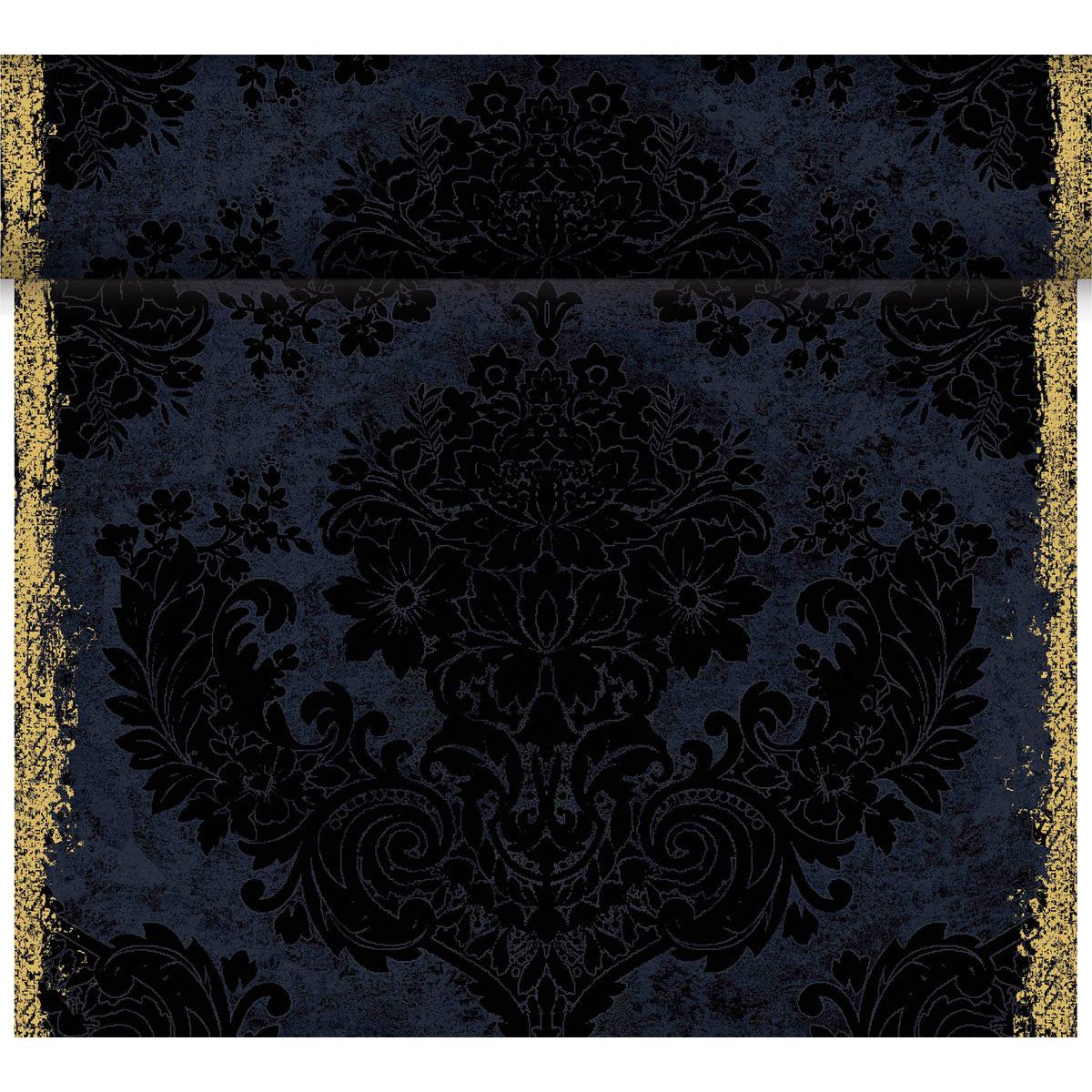 The Dunicel table runner Tête-à-Tête by Duni GmbH (24 m x 0.4 m, 20 sections) features a dark blue and black damask floral pattern with gold glittering vertical borders and a touch of vintage - ideal for elegant tables.