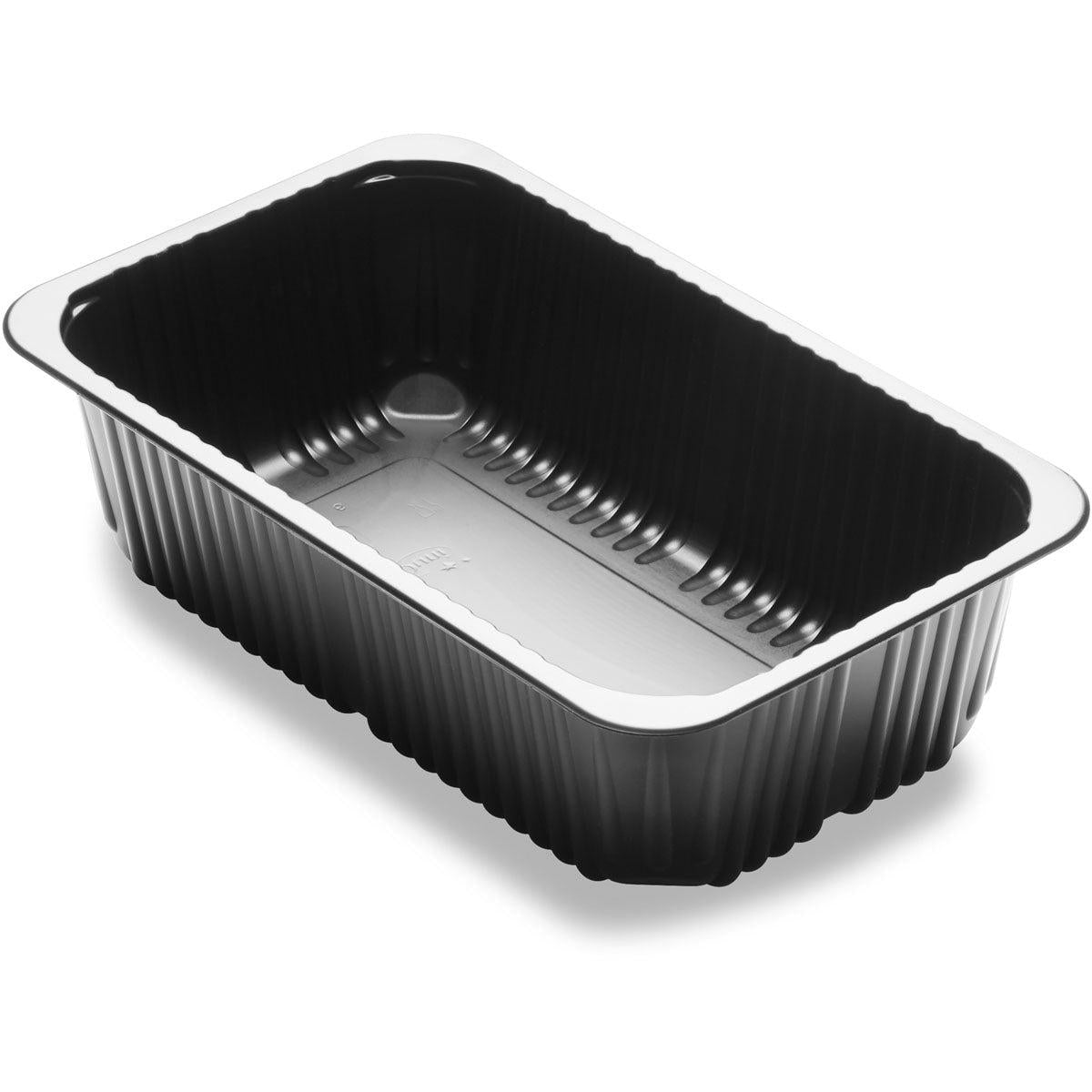 The Duni GmbH Menu Tray 1-comp 1 Black PP/MIN 260x158x70.7 is a black rectangular tray with a ribbed structure and flared edges, ideal for catering packaging. Pictured on a white background. Package: 376 pieces.