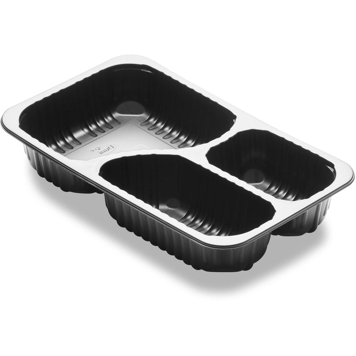 The Duni GmbH Menu Tray 3-comp 3 Black PP/MIN (260x158x44.7 mm) with three compartments is ideal for packaging or serving food. The menu trays are delivered in a pack of 384 pieces.