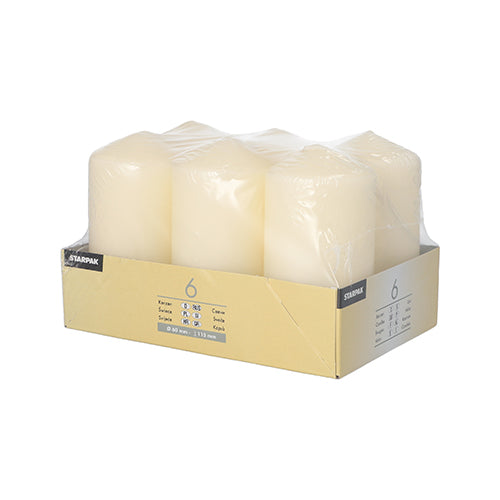 The set 'Starpak 6 pillar candles Ø 60 mm · 115 mm' made from high-quality wax with long burning time is delivered in a cardboard box with a clear lid and brand name as well as product information on the front and side.