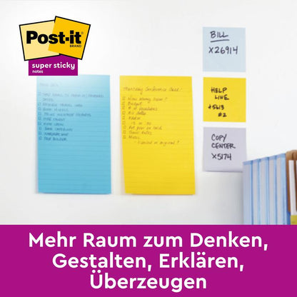 Tá trí Post-it® Super Sticky Notes i bhformáid mhór ó 3M Deutschland GmbH i ndathanna éagsúla greamaithe de bhalla bán, gach ceann acu le liostaí lámhscríofa. Taispeánann meirgí corcra thíos an mana: "Níos mó Spáis le Smaoineamh, Dearadh, Míniú, Cúiseamh."