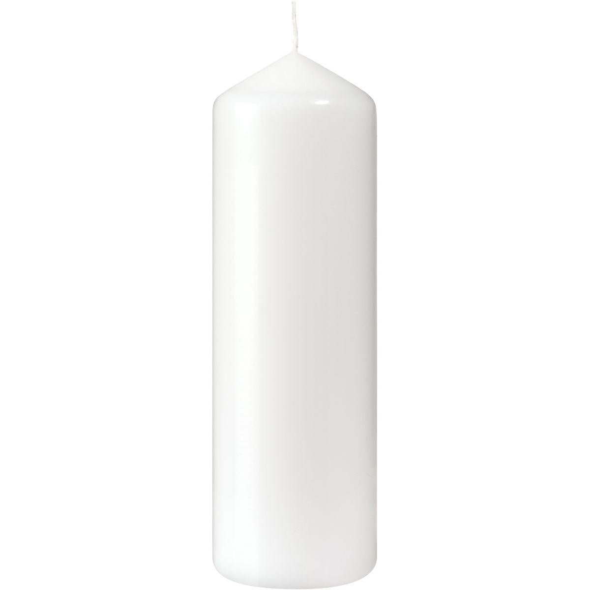 A white pillar candle (220 x 70 mm, approx. 90h burning time) from Duni GmbH with a pointed tip and unlit wick stands upright against a white background - ideal for anyone seeking long-lasting candlelight.