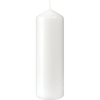 A white pillar candle (220 x 70 mm, approx. 90h burning time) from Duni GmbH with a pointed tip and unlit wick stands upright against a white background - ideal for anyone seeking long-lasting candlelight.