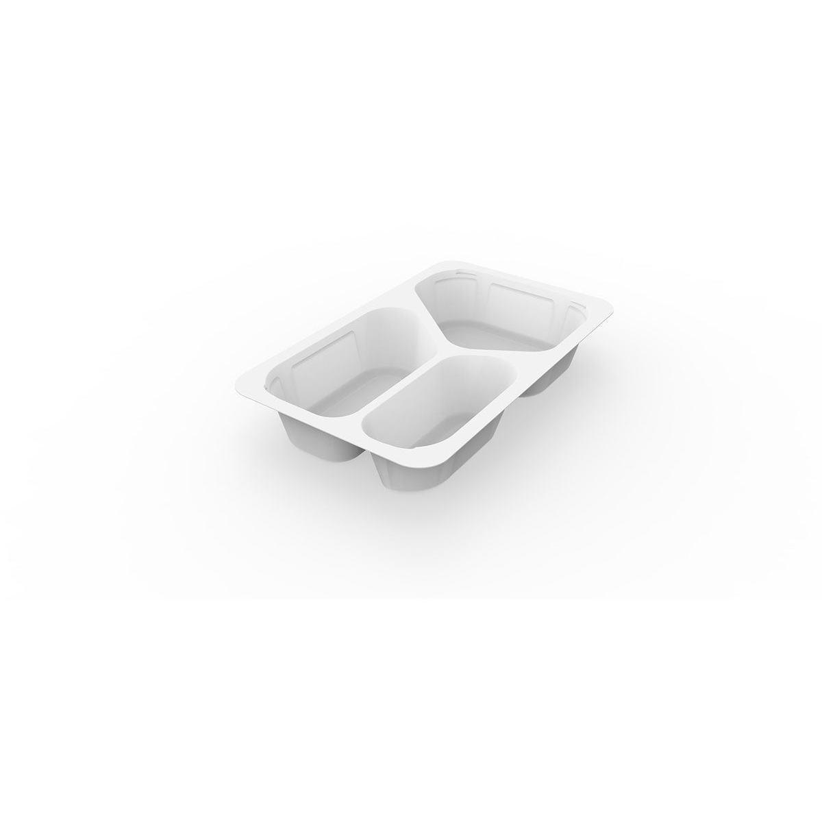 A white 1/4 GN menu tray 3 from Duni GmbH (PP/MIN, 265x162x45 mm) with rounded corners and raised edges is pictured on a white background, ideal as a catering packaging for practical meal service. The package contains 225 pieces.