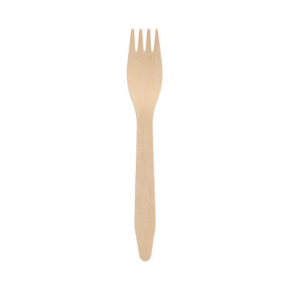 A PAPSTAR wooden fork "pure" (16.5 cm) made of eco-friendly, sturdy wood - ideal as sustainable disposable tableware. The fork is shown against a white background. Contains 100 pieces in the folding box from PAPSTAR GmbH.