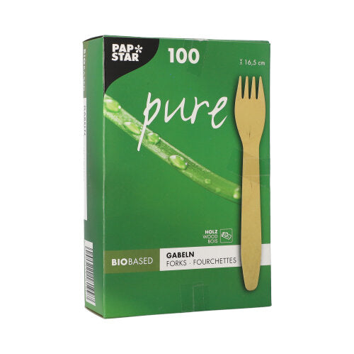 A green PAPSTAR-box with the inscription "pure" contains 100 eco-friendly, sturdy wooden forks (16.5 cm); the brand PAPSTAR GmbH is at the top left and a wooden fork image appears on the right side of the folding box.