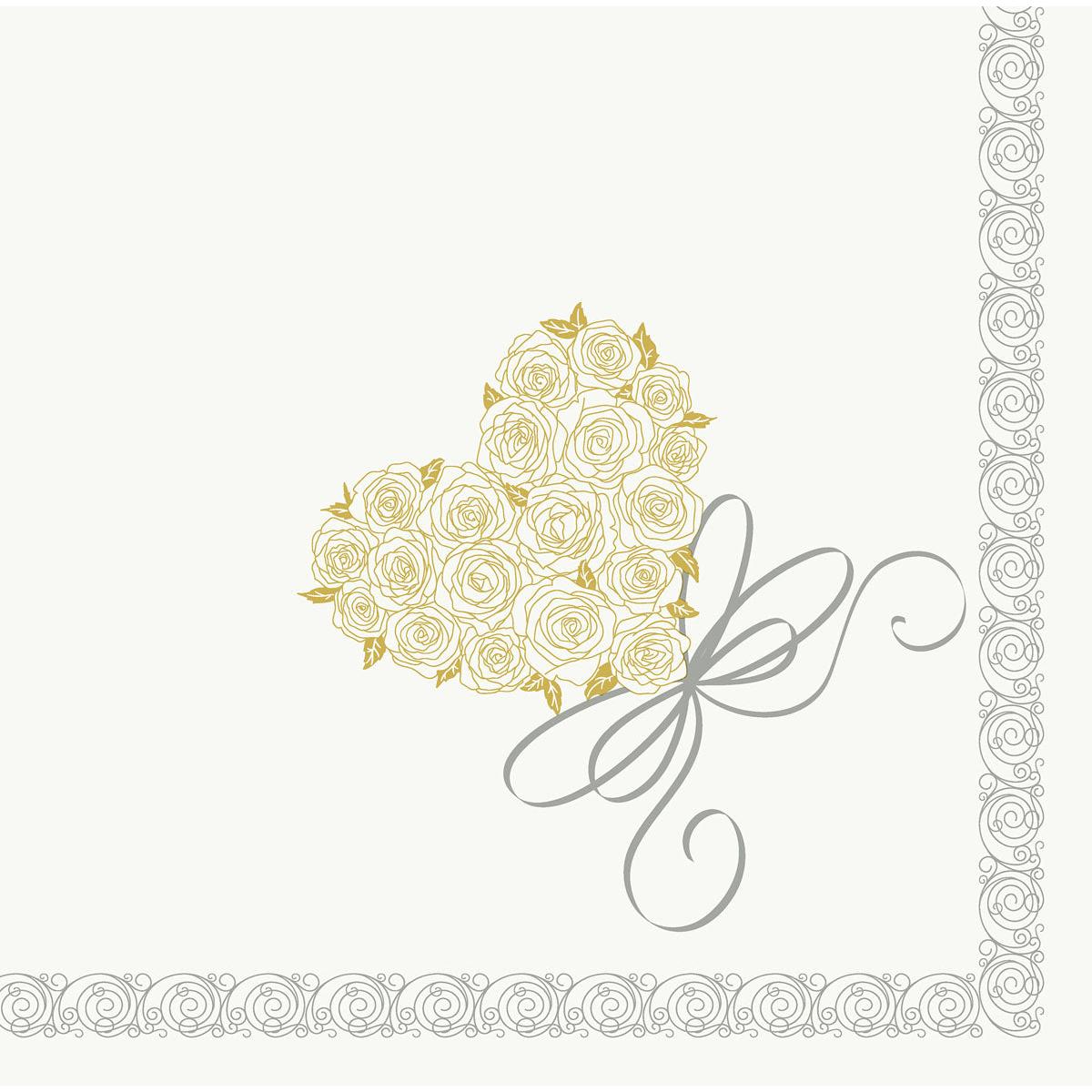 Ein Herz aus goldenen Rosen mit einem grauen Band, mittig auf weißem Grund mit verzierten grauen Rändern - ideal für Dunisoft-Servietten 40 x 40 cm 1/4 Falz von Duni GmbH, wenn Sie hochwertige Servietten wünschen.