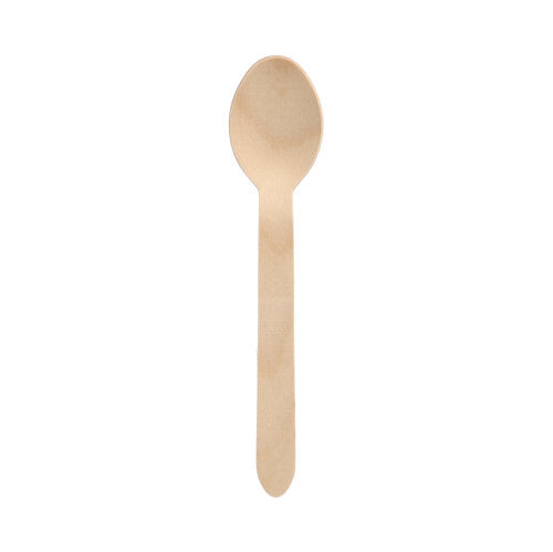A PAPSTAR wooden spoon "pure" (15.7 cm) from PAPSTAR GmbH stands vertically on a white background - eco-friendly, sturdy, and ideal for versatile use. Packaging: folding box with 100 pieces.