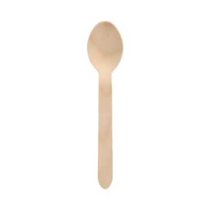 A PAPSTAR wooden spoon "pure" (15.7 cm) from PAPSTAR GmbH stands vertically on a white background - eco-friendly, sturdy, and ideal for versatile use. Packaging: folding box with 100 pieces.