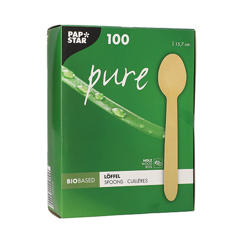 A green box from PAPSTAR GmbH with the inscription "wooden spoon pure" contains 100 eco-friendly, sturdy wooden spoons (15.7 cm) in a folding box and shows a spoon and a leaf with water droplets as a symbol of sustainability.