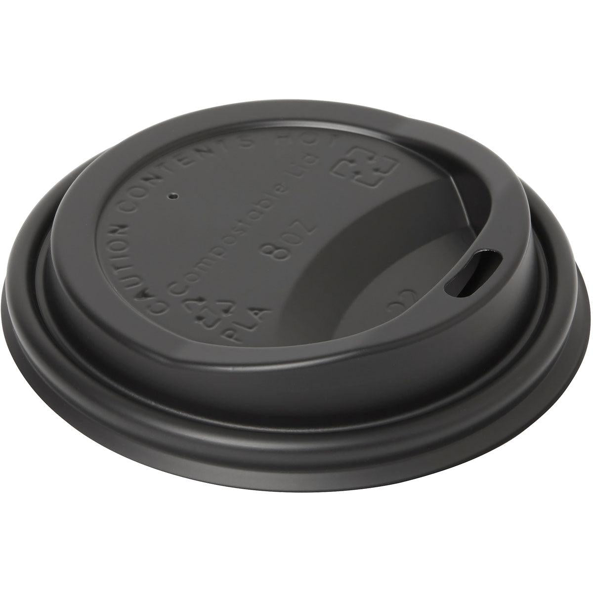 The Duni GmbH lid for 182574/182575 is a black CPLA compostable lid for 8 oz cups, with a sip hole and the embossing "Caution Contents Hot" and "Compostable Lid" - an eco-friendly option for sustainable packaging solutions. Pack: 40 pieces.