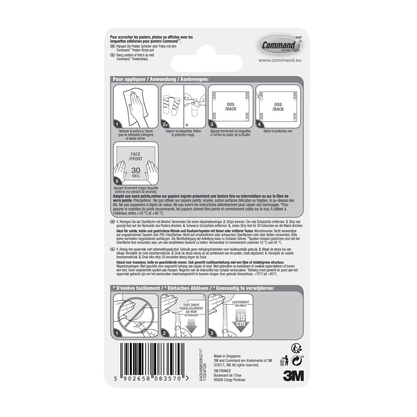 Back of a package of Command™ Poster Strips 17024 from 3M Deutschland GmbH with illustrated step-by-step instructions for residue-free mounting and poster attachment in multiple languages, with diagrams, barcode, and 3M branding at the bottom right.