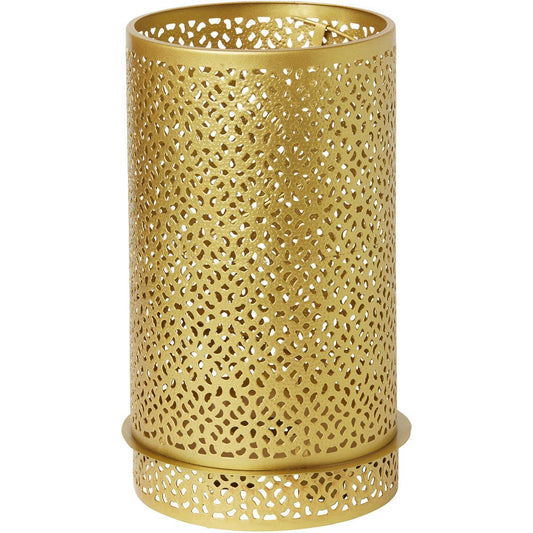 Der Kerzenhalter Bliss 200 x 120 mm von Duni GmbH ist ein zylindrischer, goldener Metall-Kerzenhalter mit perforiertem, unregelmäßigem Punktmuster und festen Kanten. Im Inneren bietet er Platz für eine einzelne Kerze.