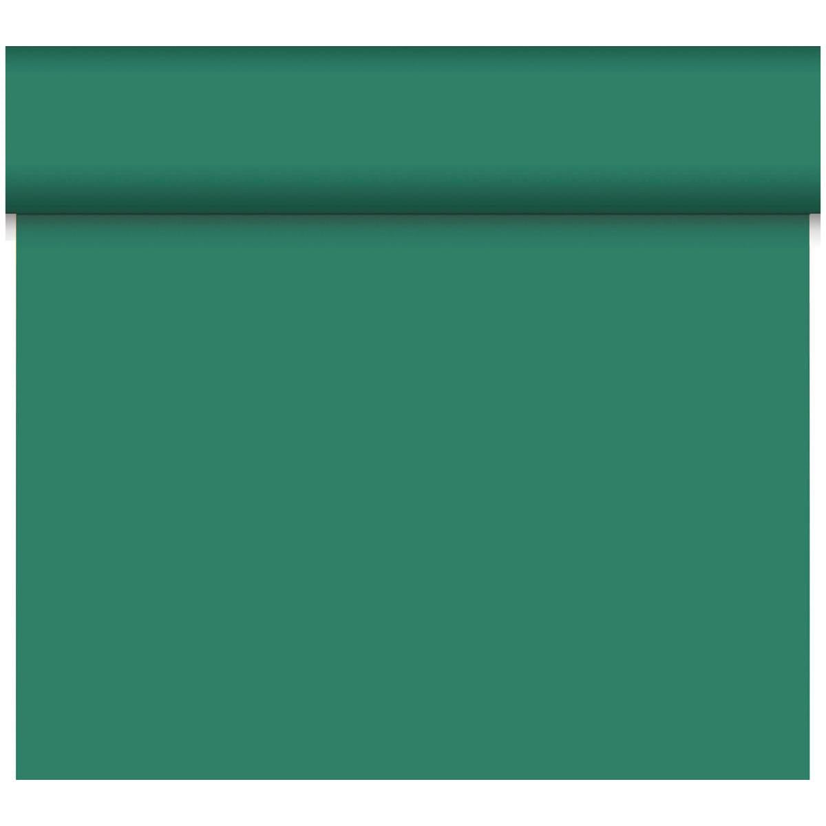A partially unrolled Dunicel table runner Tête-à-Tête (24 m x 0.4 m, 20 sections) by Duni GmbH in solid teal green extends downward, making it perfect for table decoration or as a stylish table runner.