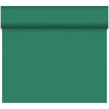 A partially unrolled Dunicel table runner Tête-à-Tête (24 m x 0.4 m, 20 sections) by Duni GmbH in solid teal green extends downward, making it perfect for table decoration or as a stylish table runner.