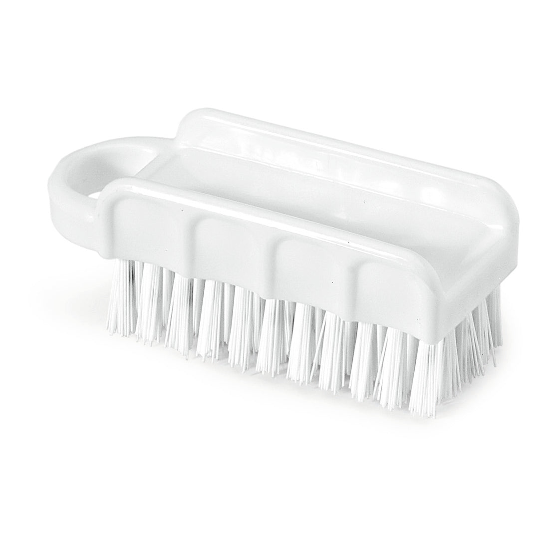 The Nölle Profi Brush HACCP nail brush 15.5 cm from Nölle Profi Brush Bürsten- & Pinseltechnik e.K. is a white plastic scrubbing brush with a handle and downward-facing 0.5 mm hard bristles for surface cleaning.