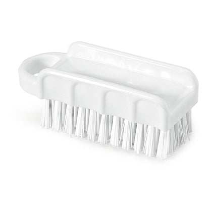 The Nölle Profi Brush HACCP nail brush 15.5 cm from Nölle Profi Brush Bürsten- & Pinseltechnik e.K. is a white plastic scrubbing brush with a handle and downward-facing 0.5 mm hard bristles for surface cleaning.