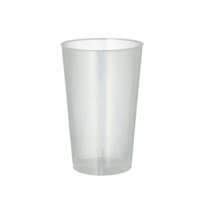 The Starpak reusable plastic cup, a translucent and unbreakable plastic cup with a height of 11.8 cm and a diameter of 7.8 cm, features a simple design and is presented on a white background.