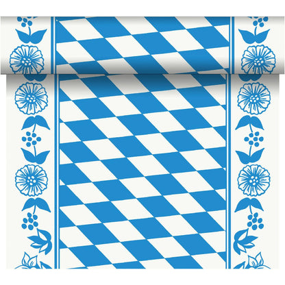 The Dunicel table runner Tête-à-Tête (24 m x 0.4 m, 20 sections) by Duni GmbH features a blue-white diamond pattern with floral borders and a rolled edge for elegant table decoration.