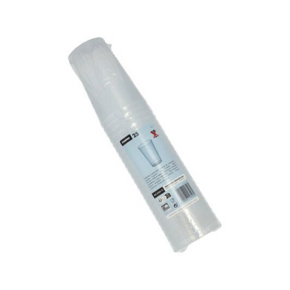 A pack of transparent, unbreakable disposable cups wrapped in plastic with the label 'Starpak Reusable Plastic Cup (PP) 0.3 l Ø 7.8 cm · 11.8 cm' contains 25 pieces. The label is adorned with recycling symbols and a barcode, and the cups are stacked vertically in the packaging.