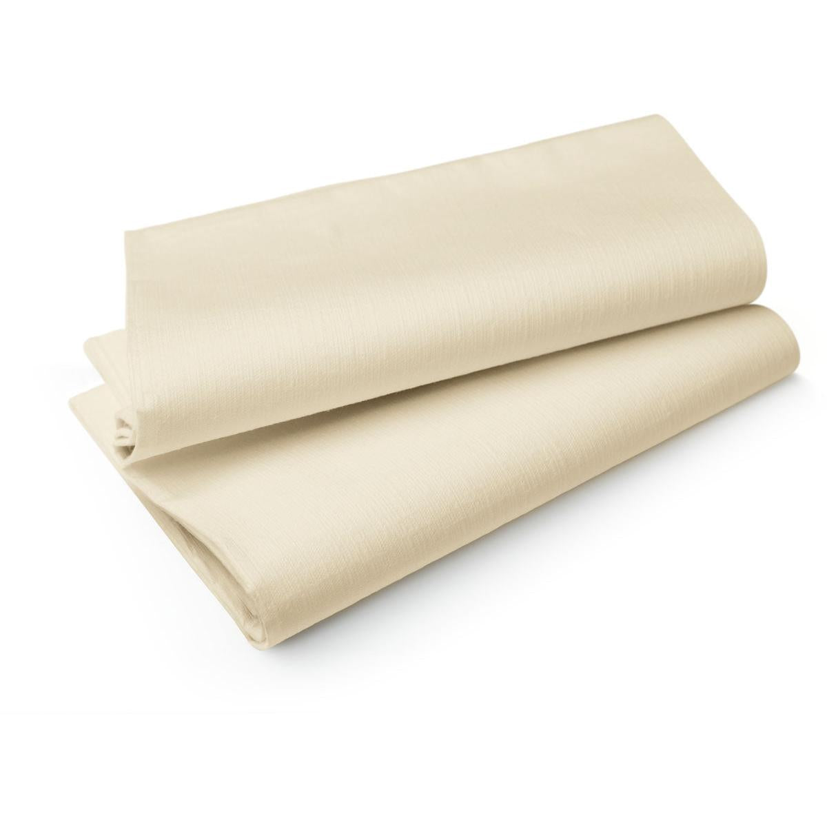Two folded Evolin tablecloths by Duni GmbH (84x84 cm, cream-colored) are stacked against a white background - ideal for elegant table decoration on any occasion. The package contains 84 pieces.
