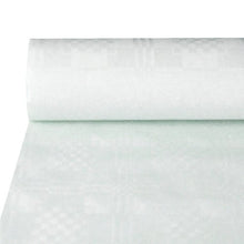 A roll of PAPSTAR paper tablecloth with damask embossing, white, 50 m x 1.2 m (foil), by PAPSTAR GmbH, partially rolled out flat.
