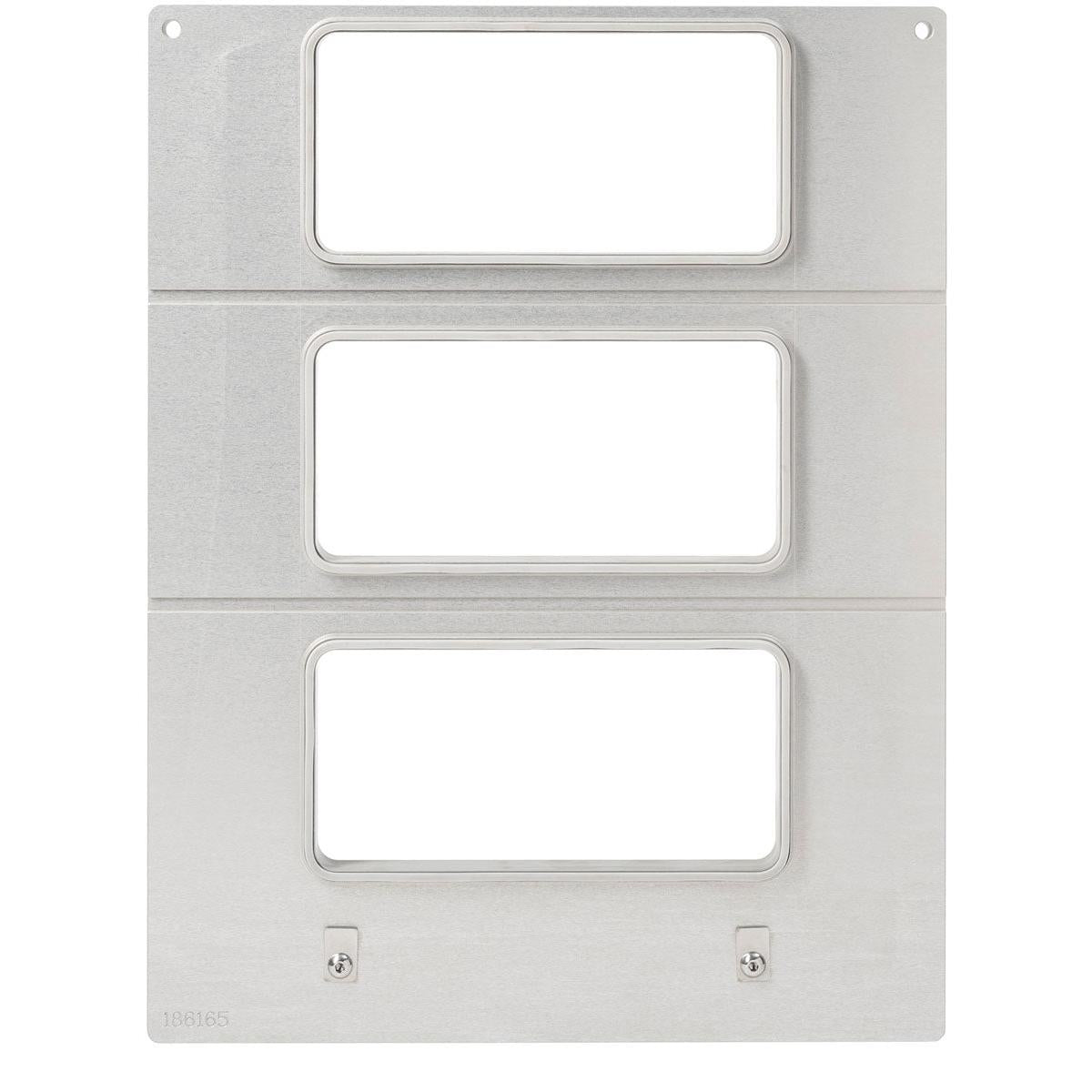 The cassette DF15/25 for Sandwich Tray 181x96x85 mm (3-compartment) by Duni GmbH is a silver metal plate with three vertical cutouts, two upper mounting holes, and two lower hooks. Sold in a pack of 1 piece.