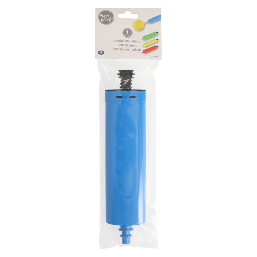 The PAPSTAR balloon pump (26x6 cm, assorted colors) by PAPSTAR GmbH is delivered in a transparent bag with a labeled header featuring instructions and balloon images; its nozzle and black handle are visible for easy balloon inflation.