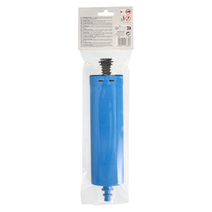 The PAPSTAR balloon pump (26x6 cm, assorted colors) by PAPSTAR GmbH is delivered in a transparent plastic packaging with a white label at the top featuring text and safety symbols. The nozzle is visible at the bottom. Bag with 1 piece.