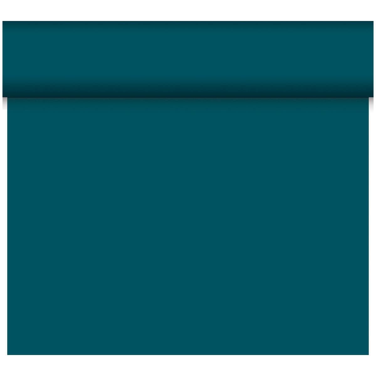 The Dunicel table runner Tête-à-Tête 24 m x 0.4 m (20 sections) by Duni GmbH in teal is partially unrolled on a white background - ideal for stylish table decorations or elegant tête-à-tête situations.